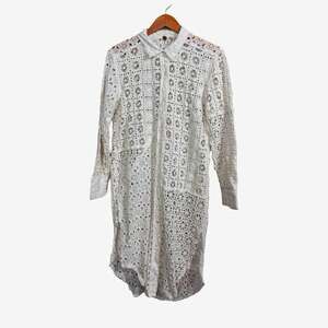 FP ONE White Floral Eyelet Lace Shirt Dress Collared Long Sleeve Button M